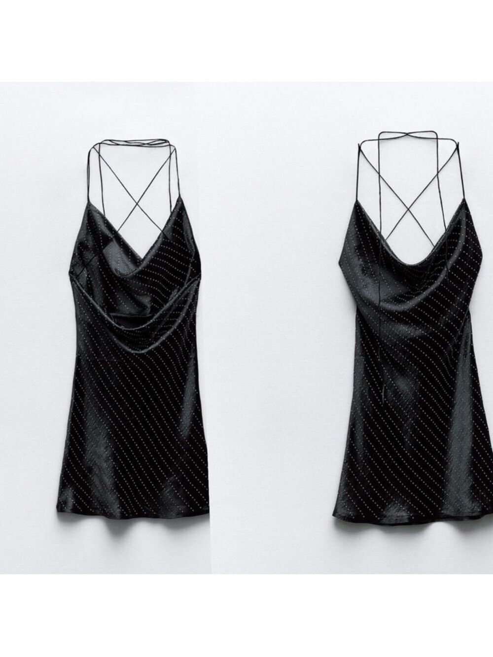 Zara Black satin effect crystal rhinestone jewelled cowl neck mini slip dress